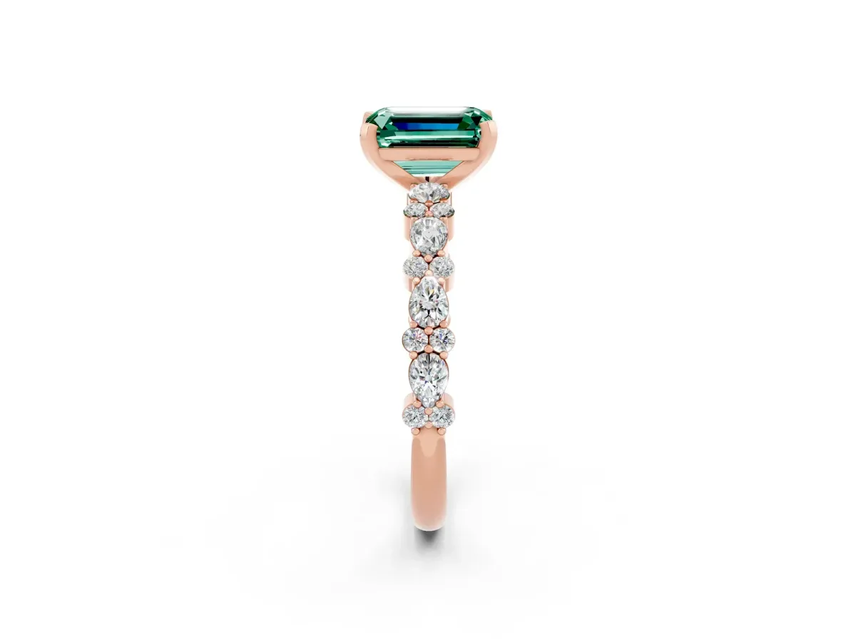 Emerald Cut Green Sapphire Side Stone Solitaire Ring with Round and Four-Prong Setting Rose gold
