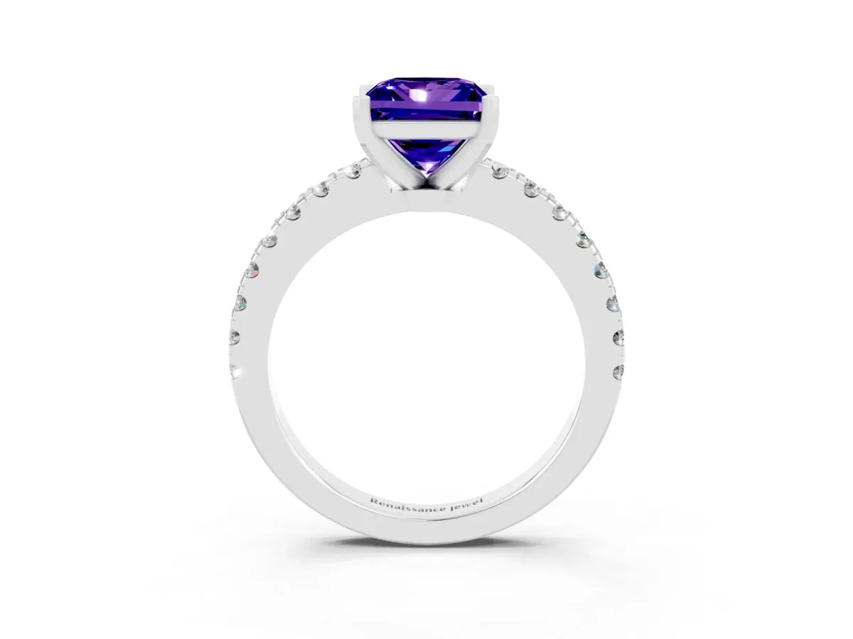 Princess Cut Solitaire Tanzanite with Pavé Band and Four-Prong Setting Silver