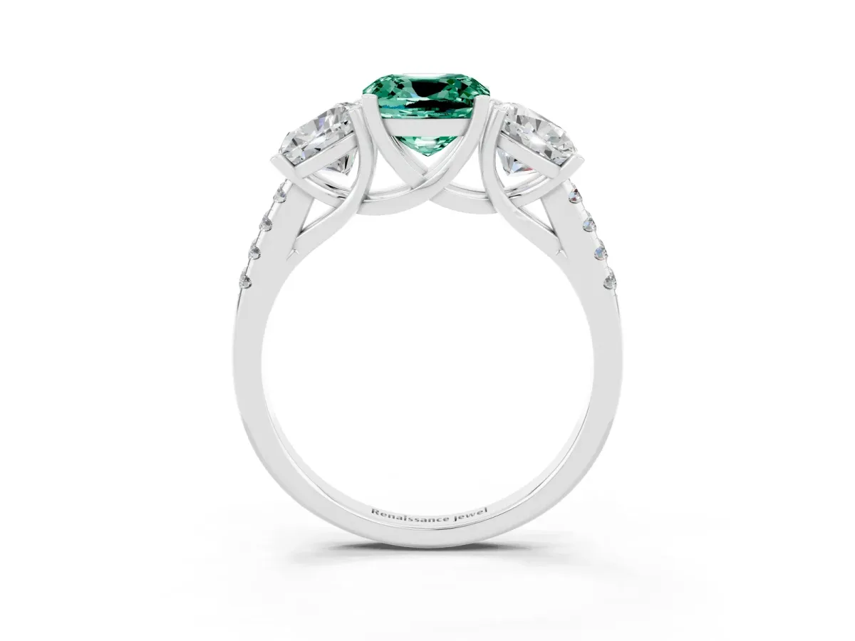 Three-Stone Cushion Cut Green Sapphire Ring with Round Pavé Band and Prong Setting Silver