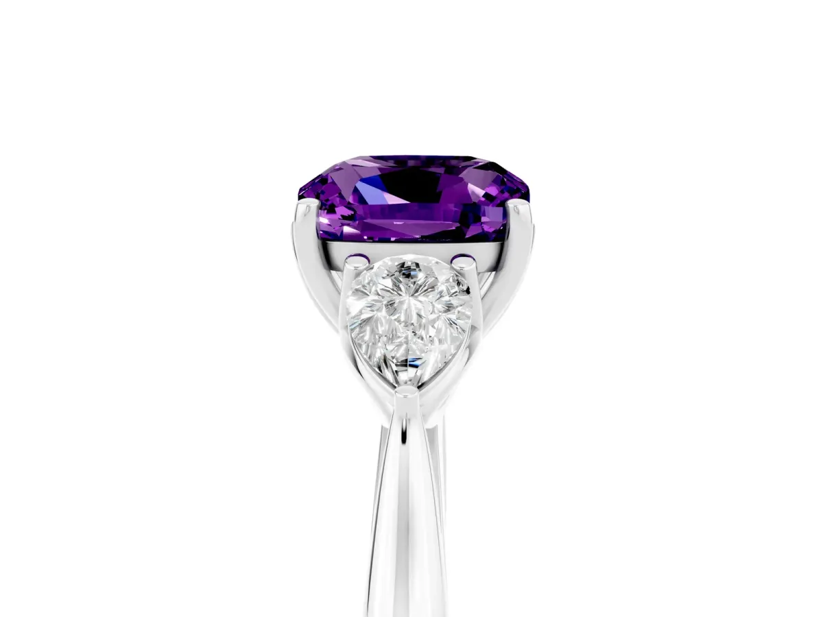 Three-Stone Cushion Cut Amethyst Ring with Pear Side Stones in Four-Prong Setting White gold