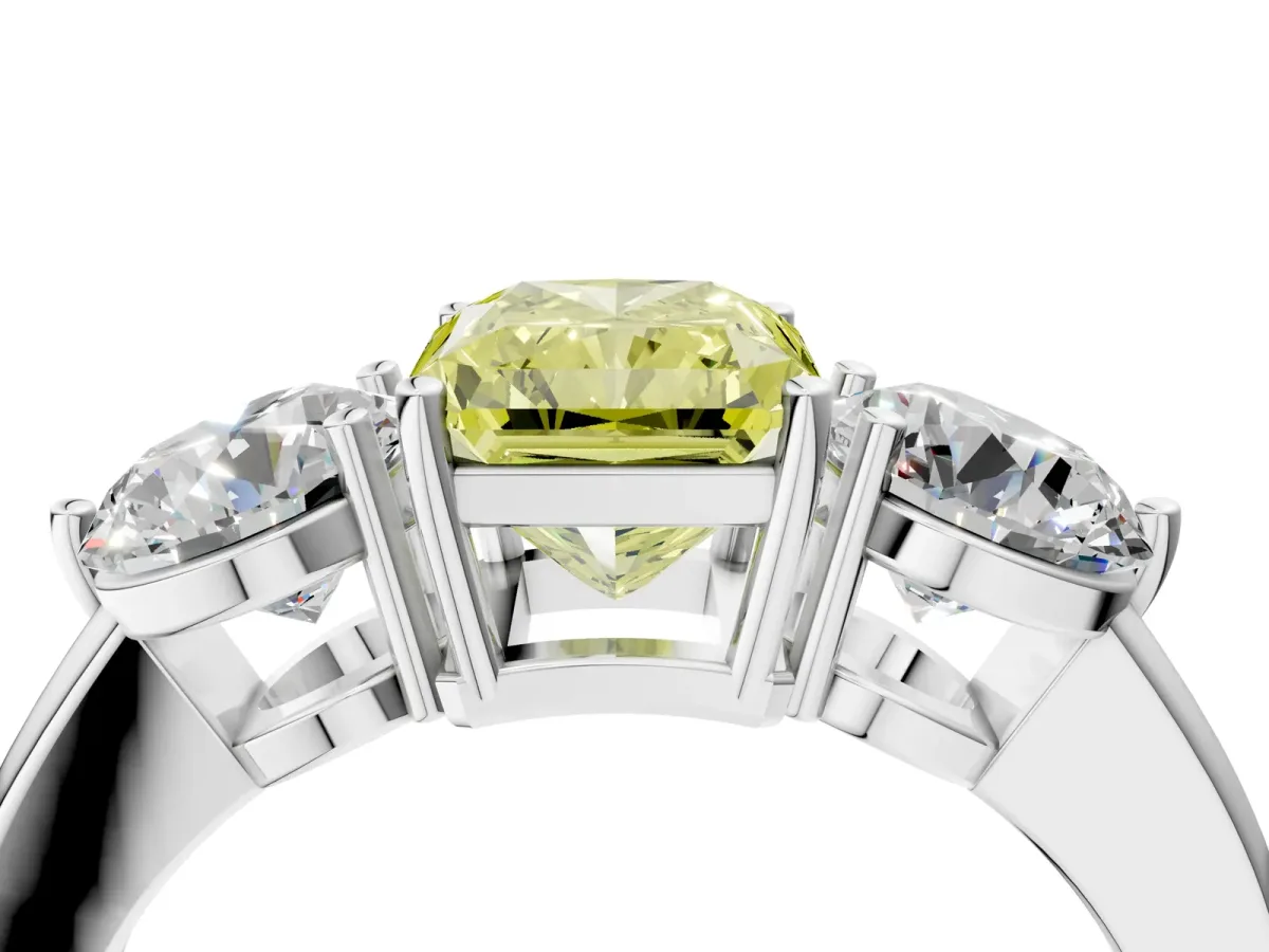 Fancy Yellow Radiant Cut Diamond Three-Stone Ring with Prong Setting and Classic Band Platinum