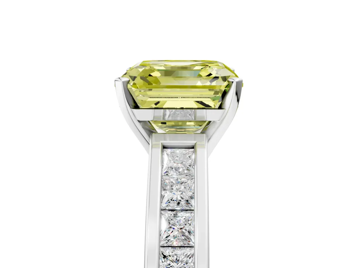 Fancy Yellow Asscher Cut Solitaire Diamond Ring with Channel-Set Band and Four-Prong Setting Platinum
