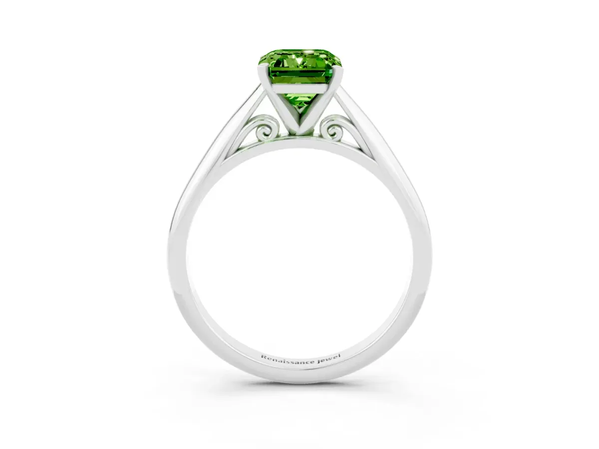 Emerald Cut Peridot Solitaire Engagement Ring with Cathedral Setting and Four-Prong Mount White gold