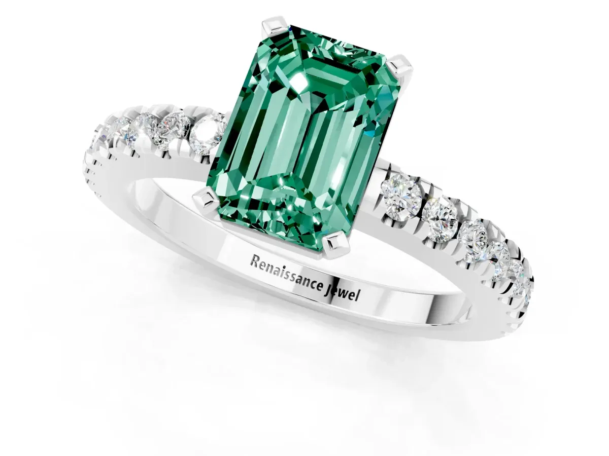 Emerald Cut Solitaire Green Sapphire with Pavé Band and Four-Prong Setting Silver