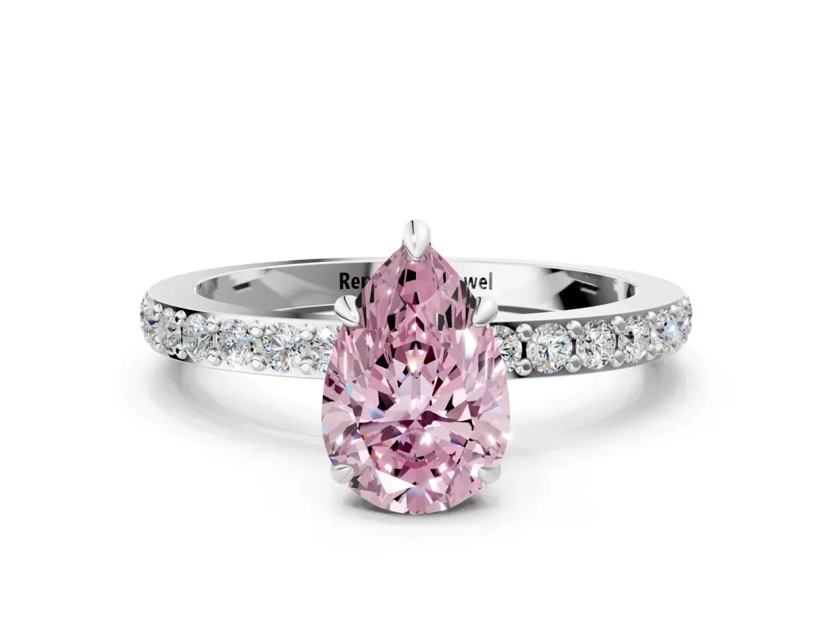 Fancy Pink Pear Cut Diamond Solitaire Engagement Ring with Pavé Band and Four-Prong Setting Silver