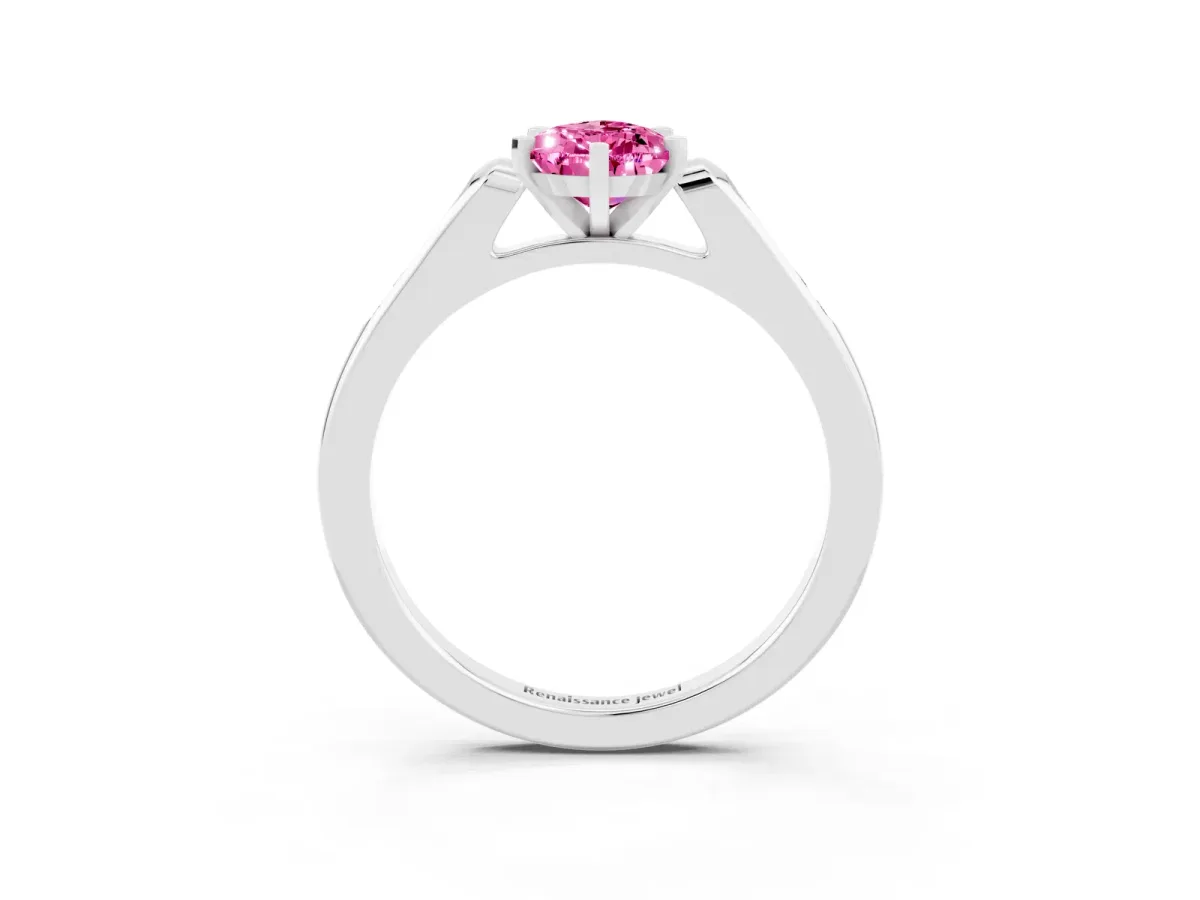 Pear Cut Pink Sapphire Solitaire Ring with Channel Set Round Band and Prong Setting Silver
