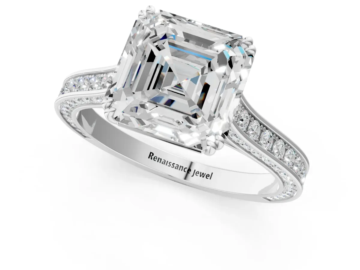 Asscher Cut Diamond Solitaire with Pave Band and Six-Prong Setting Platinum
