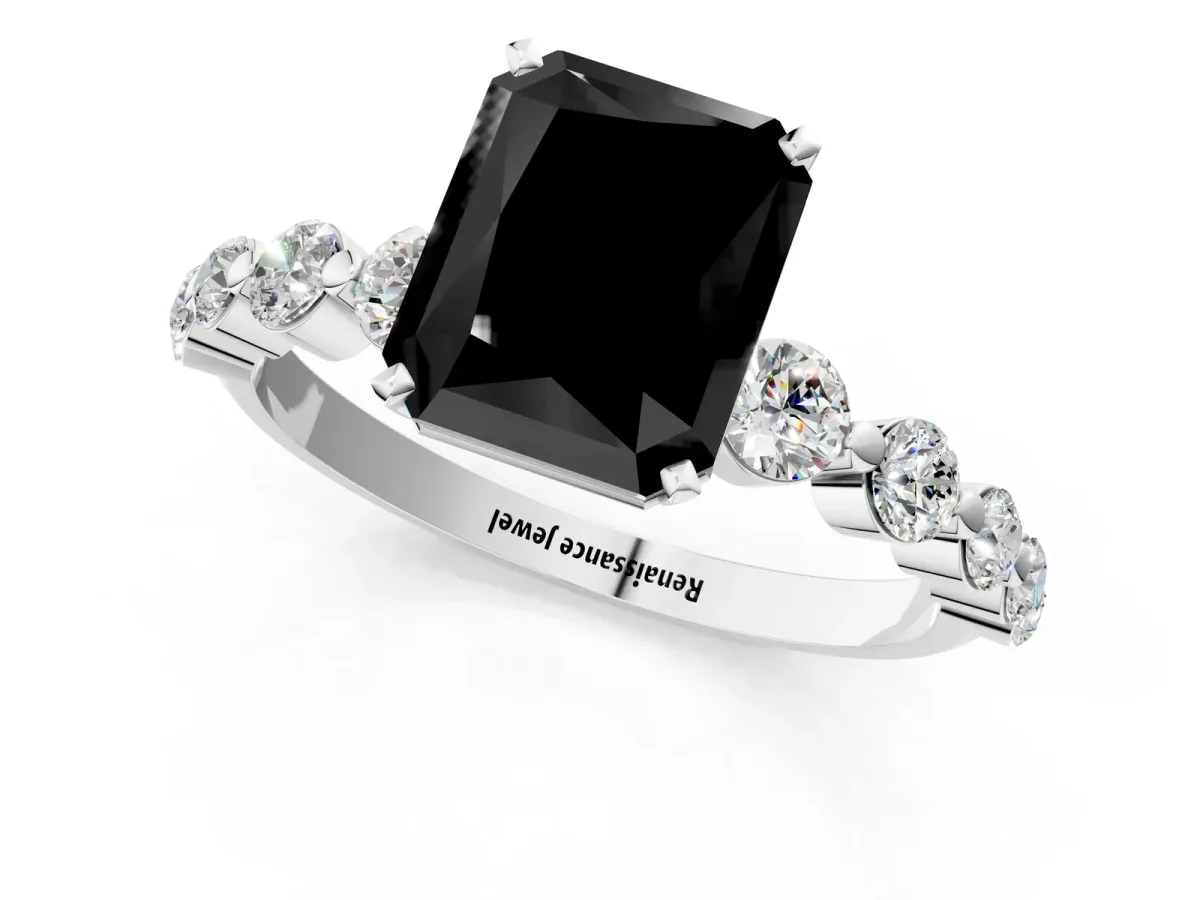 Fancy Black Radiant Cut Solitaire Diamond Ring with Pave Band and Four-Prong Setting Silver