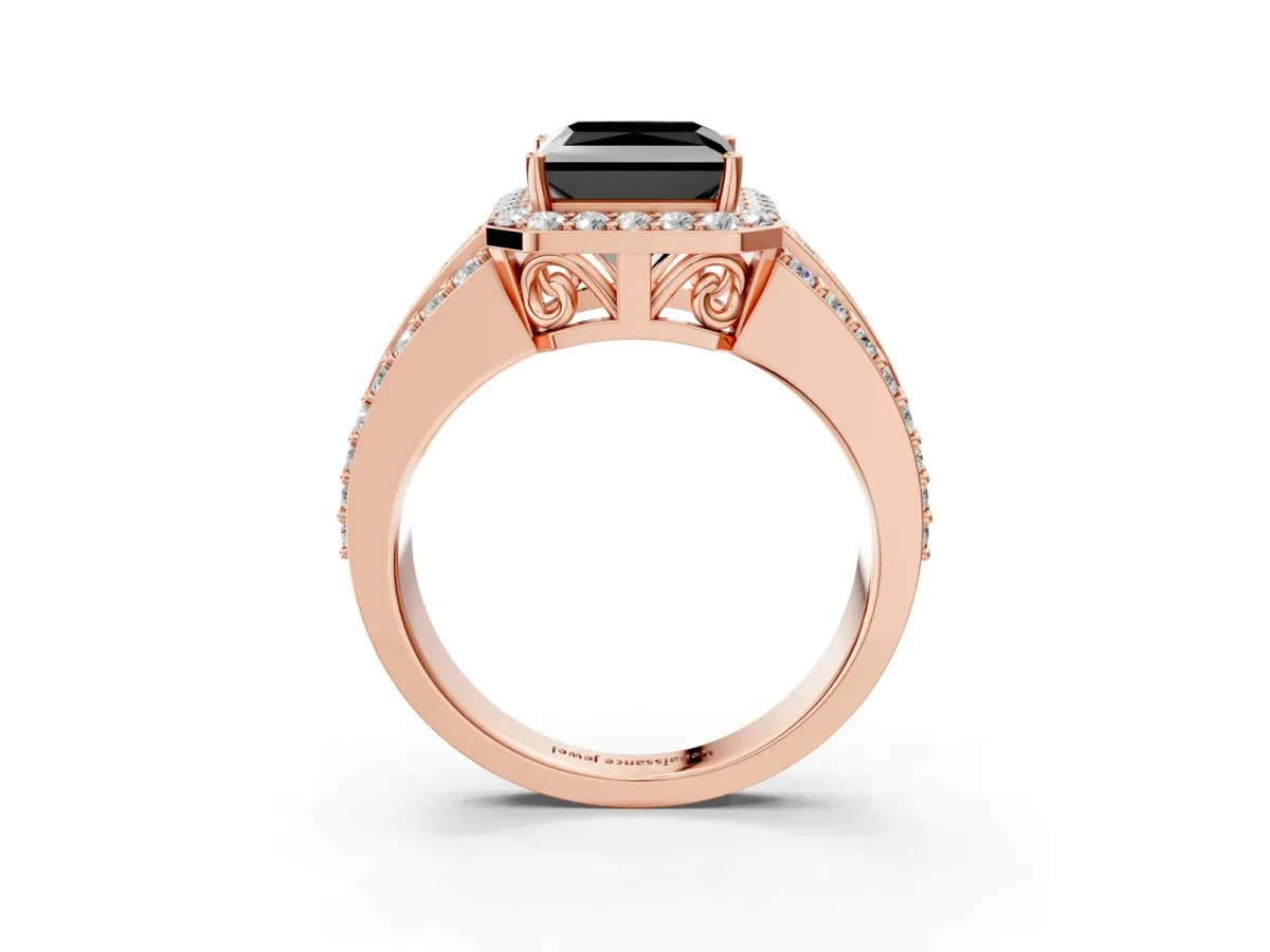 Fancy Black Princess Cut Halo Diamond Ring with Round Split Shank and Prong Setting Rose gold