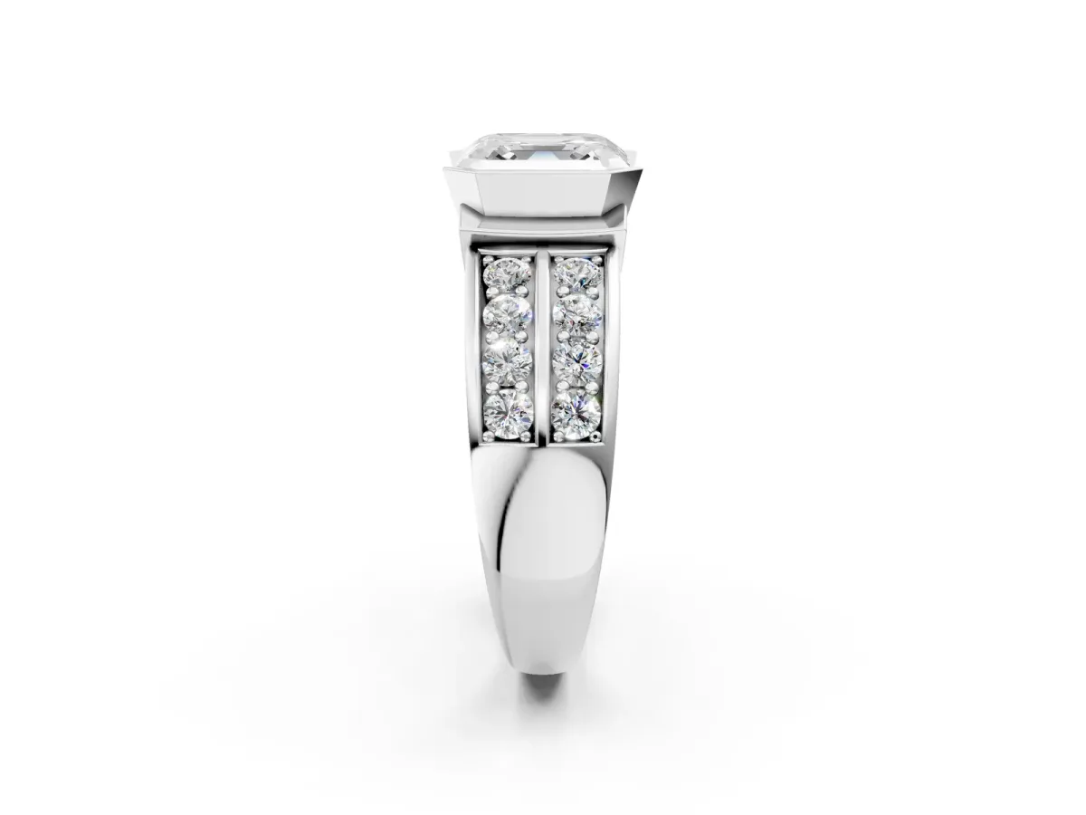 Asscher Cut Brilliant Diamond Channel Set Wide Band Ring with Bezel Setting Platinum