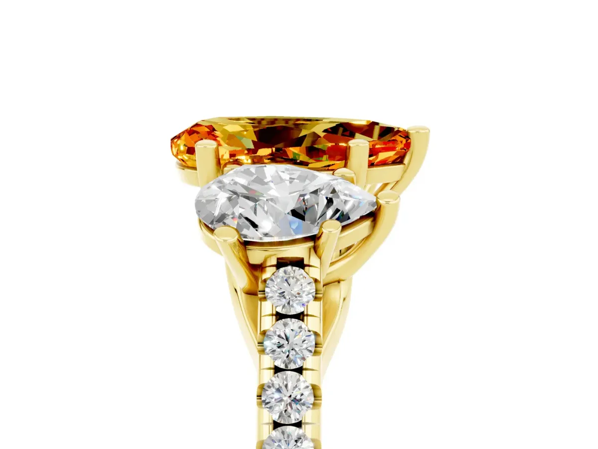 Three-Stone Pear Cut Citrine Ring with Round Pavé Band and Prong Setting Yellow gold
