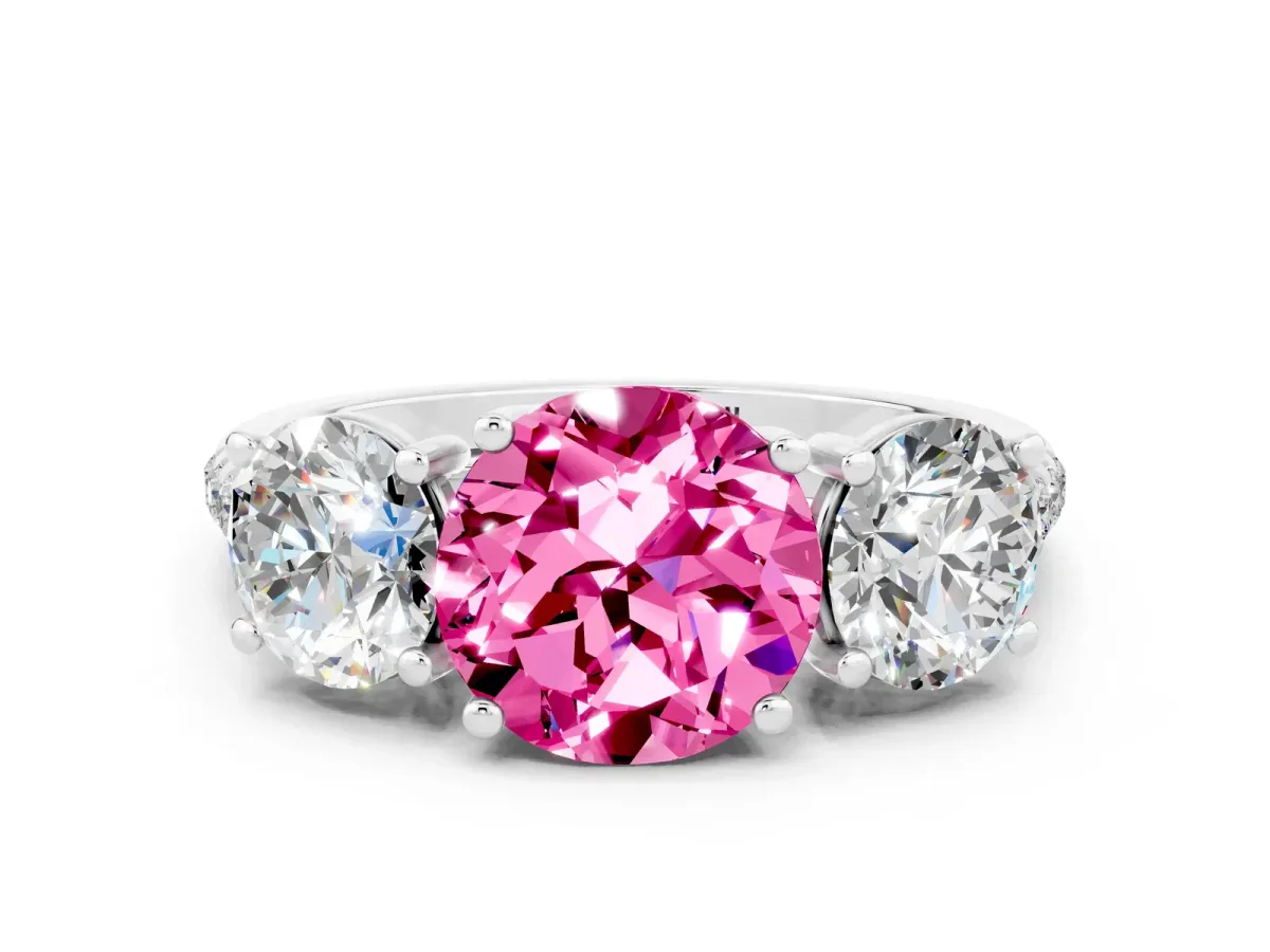 Three-Stone Round Cut Pink Sapphire Ring with Round Pavé Band and Prong Setting Silver