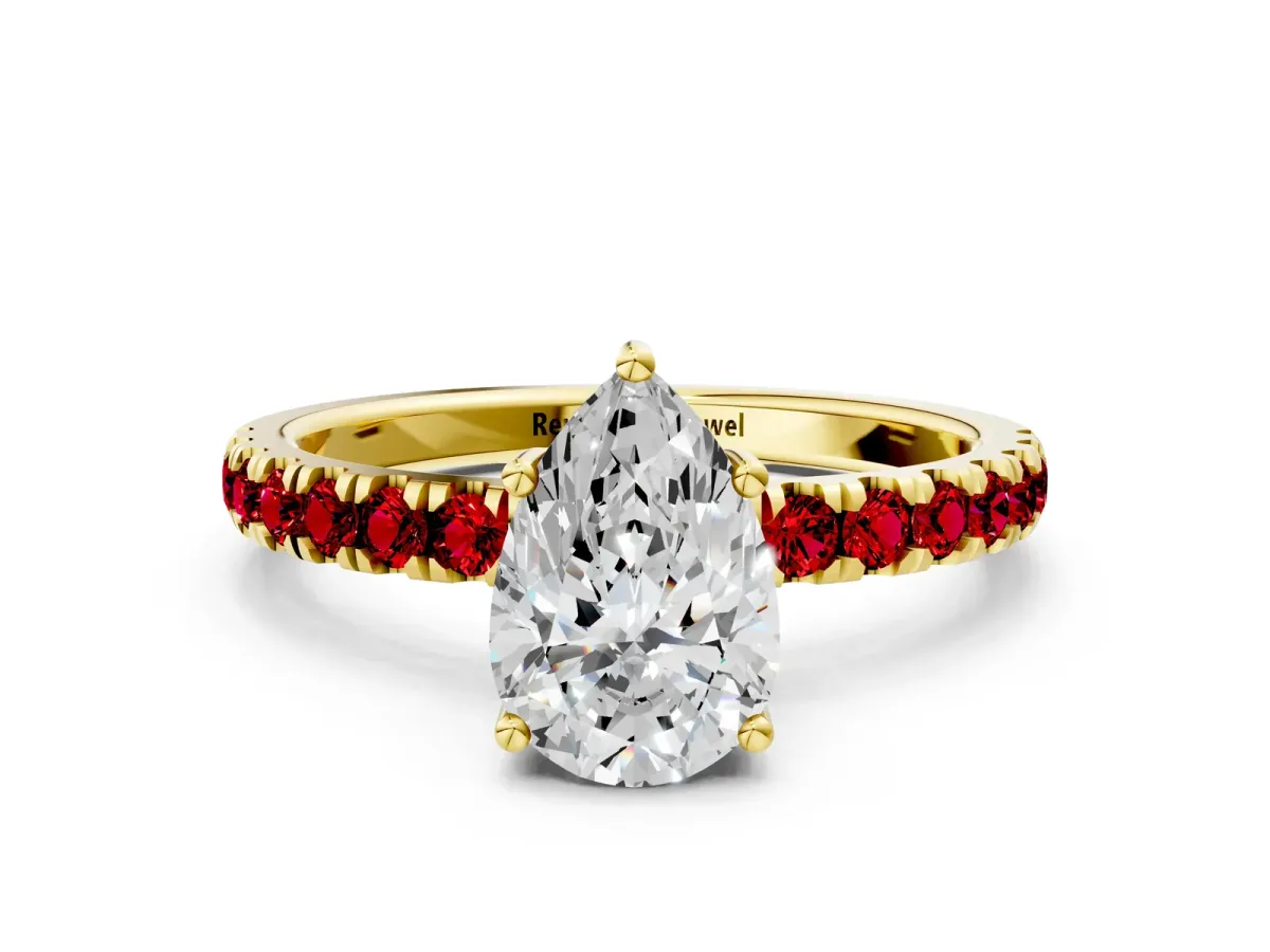 Pear Cut Diamond Pave Band Solitaire Ring with Round Ruby and Prong Setting Yellow gold
