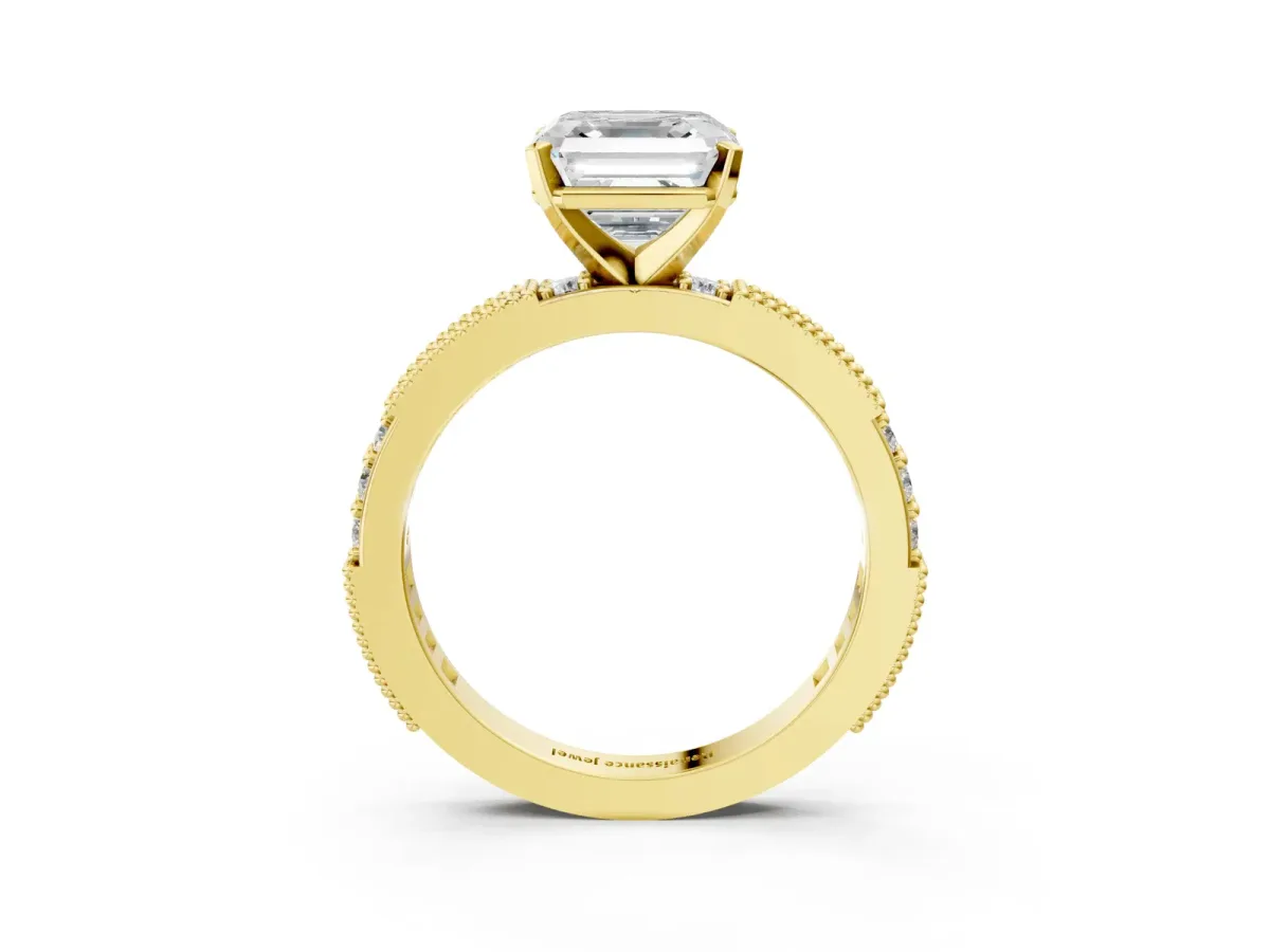 Asscher Cut Solitaire with Pavé Band and Four-Prong Setting Yellow gold