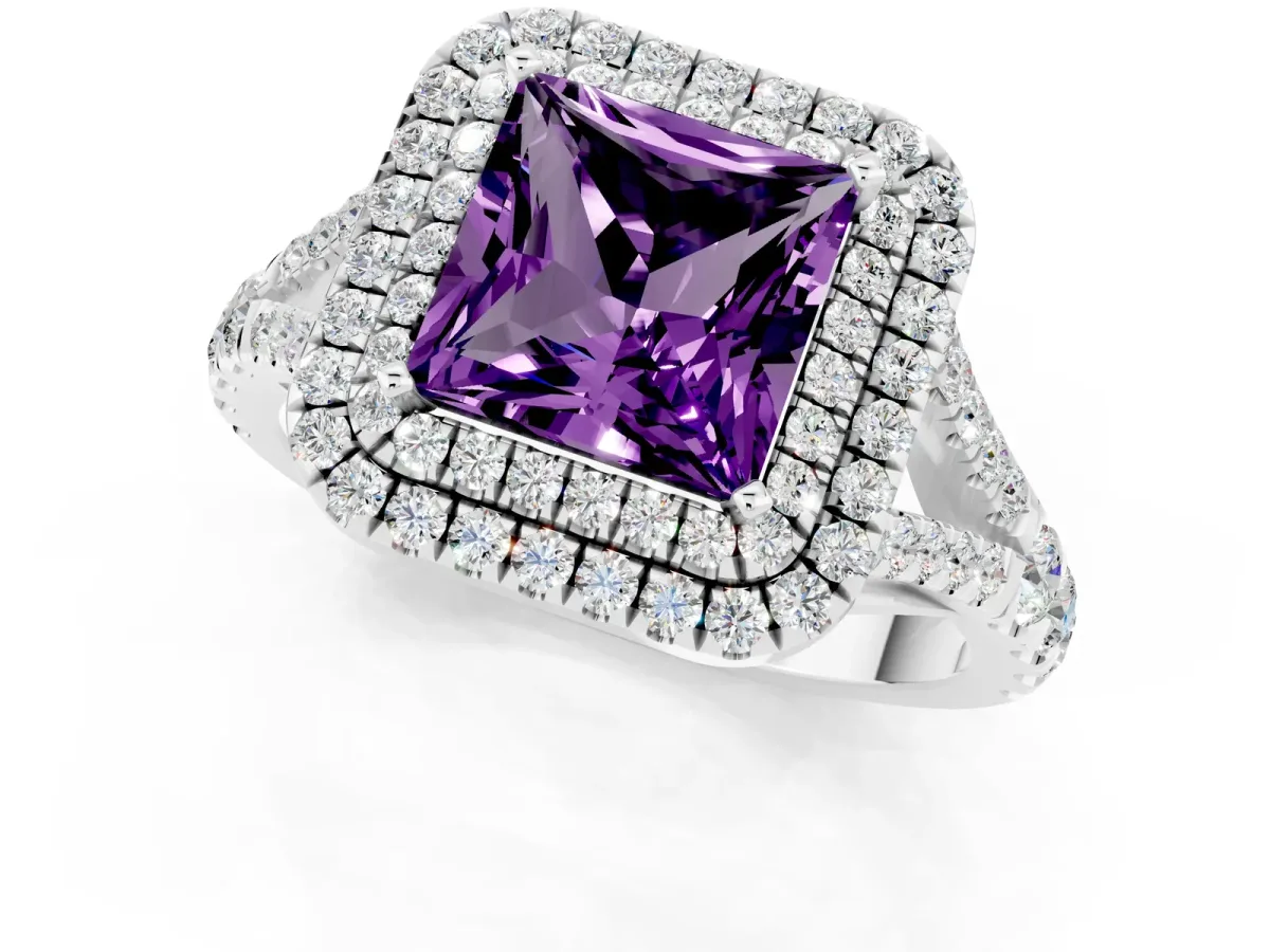 Double Halo Princess Cut Amethyst Split Shank Engagement Ring with Four-Prong Setting White gold