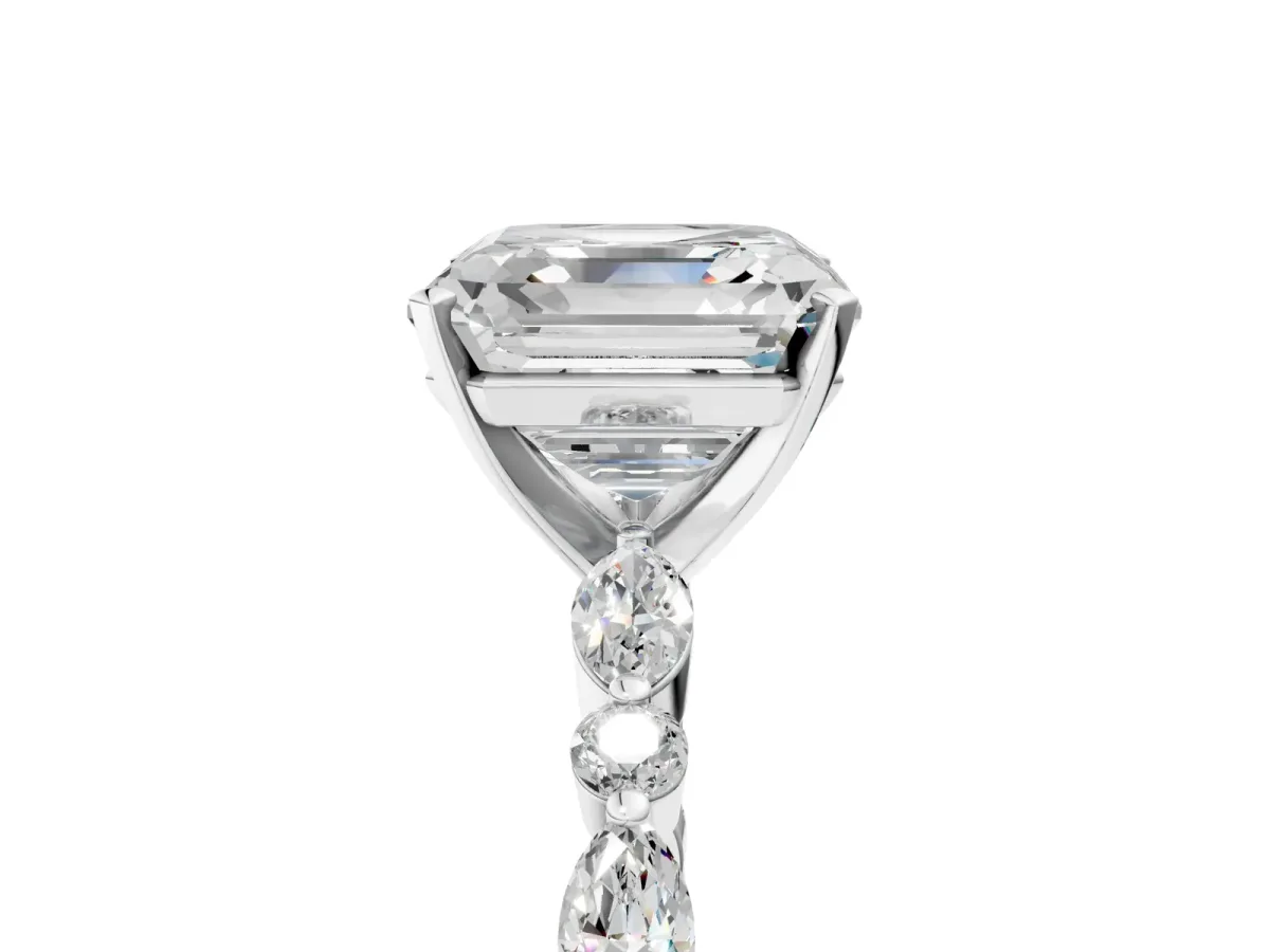 Asscher Cut Diamond Ring with Marquise and Round Side Stones and Four-Prong Setting Silver