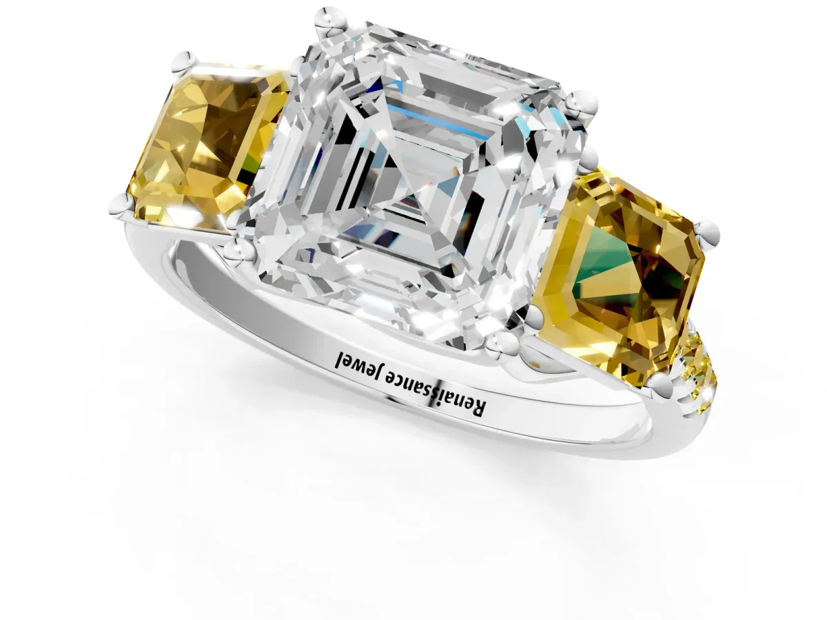Three-Stone Asscher Cut Diamond Ring with Round Yellow Sapphire Pavé Band and Prong Setting Silver