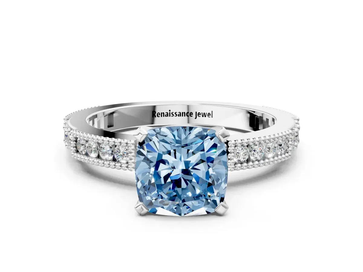 Fancy Blue Cushion Cut Solitaire with Pavé Band and Four-Prong Setting Silver