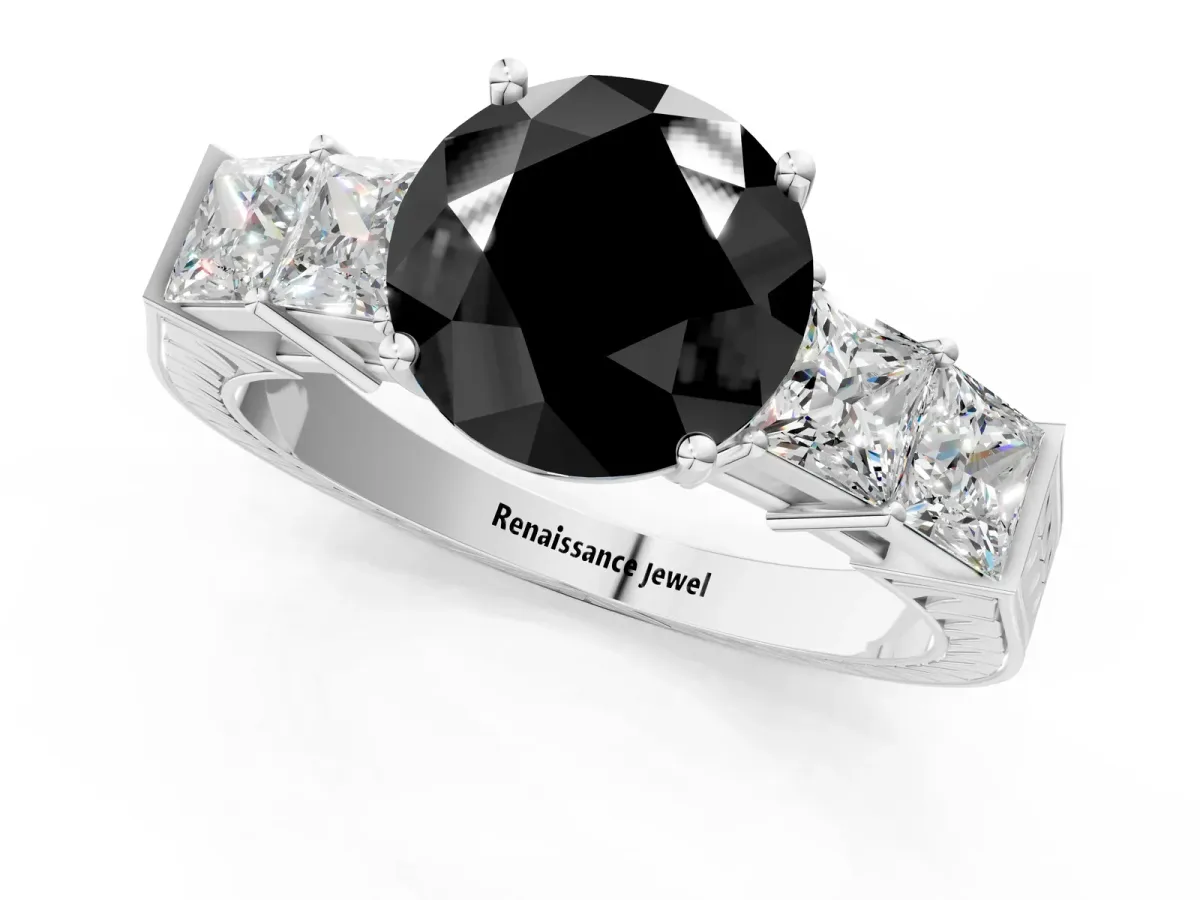 Fancy Black Round Cut Solitaire Princess Side Stone Engraved Band Prong Setting Ring White gold