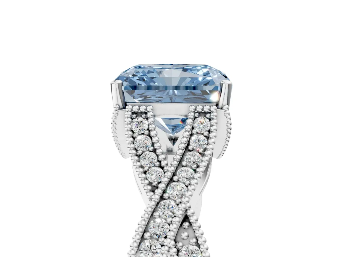 Fancy Blue Radiant Cut Cut Diamond Twisted Band with Milgrain Pave Setting and Four-Prong Setting Platinum