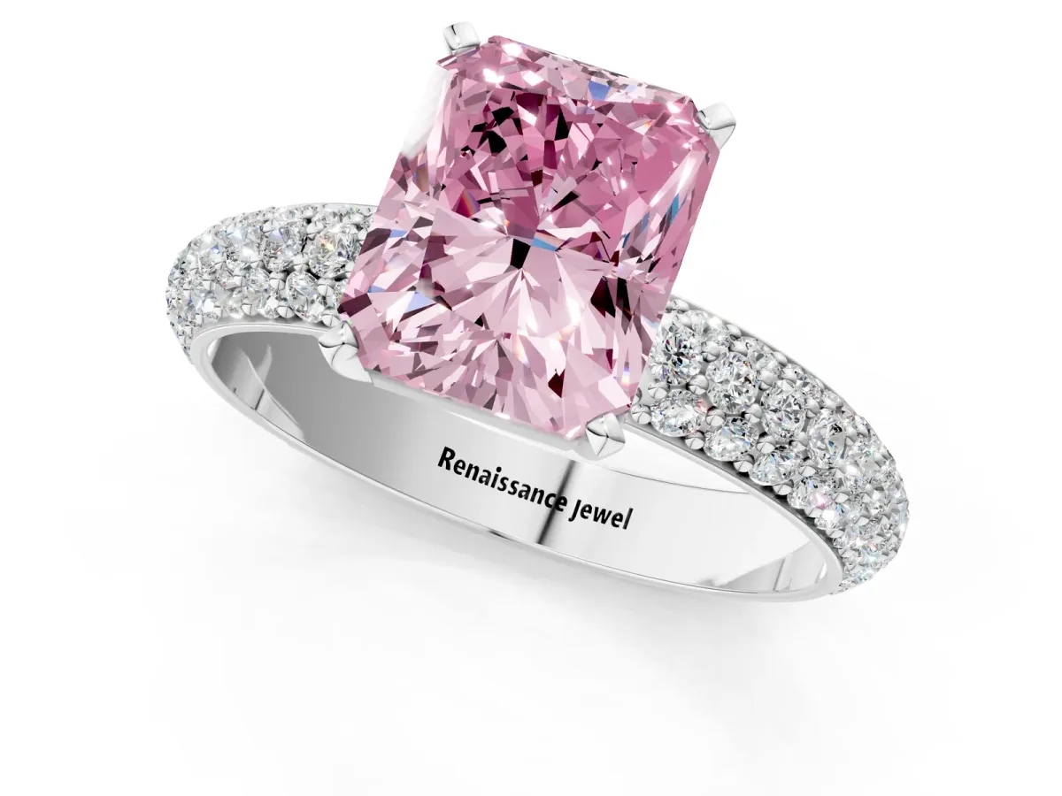 Fancy Pink Radiant Cut Diamond Solitaire Ring with Prong Setting and Pavé Band Platinum
