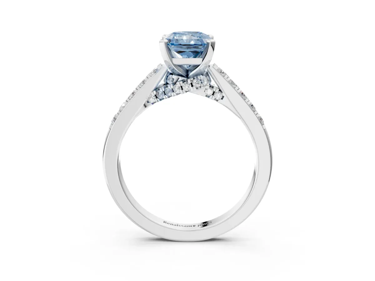 Fancy Blue Radiant Cut Diamond Solitaire Ring with Crossover Gallery and Round Pavé Band Silver