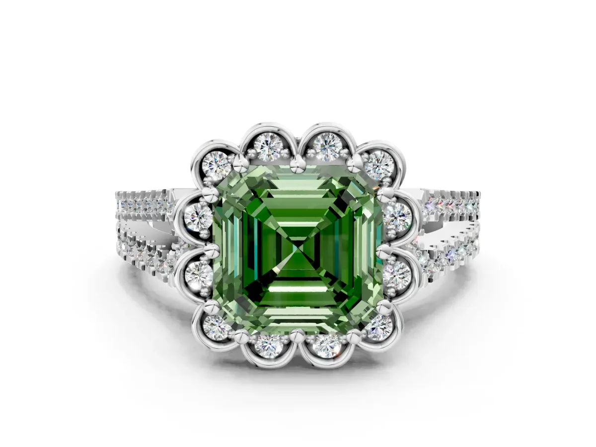 Fancy Green Asscher Cut Halo Diamond Floral Split Shank Engagement Ring Platinum