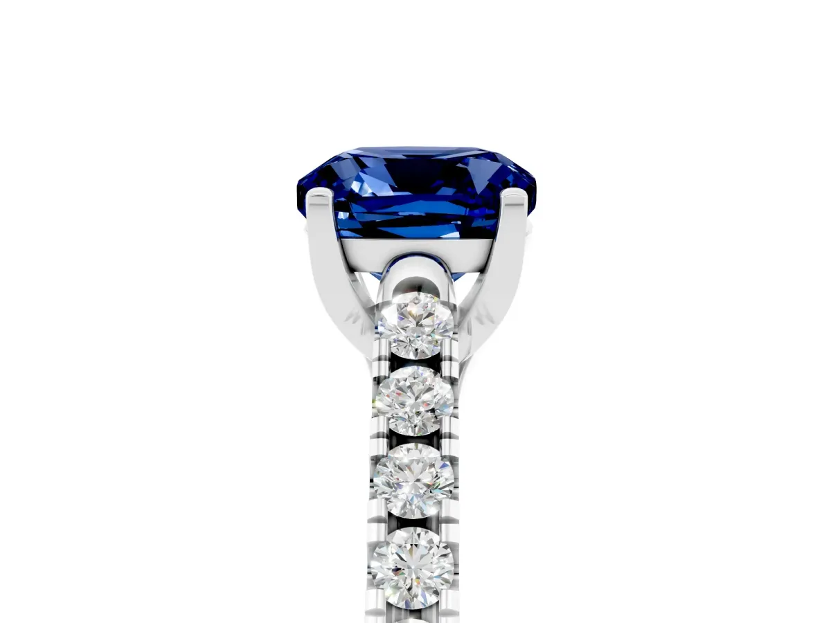 Cushion Cut Blue Sapphire Pavé Band Solitaire Ring with Prong Setting Platinum