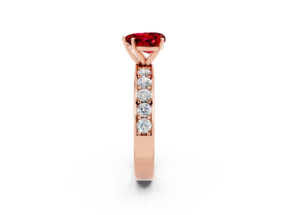 Heart Cut Ruby Engagement Ring with Channel Set Round Band and Prong Setting Rose gold