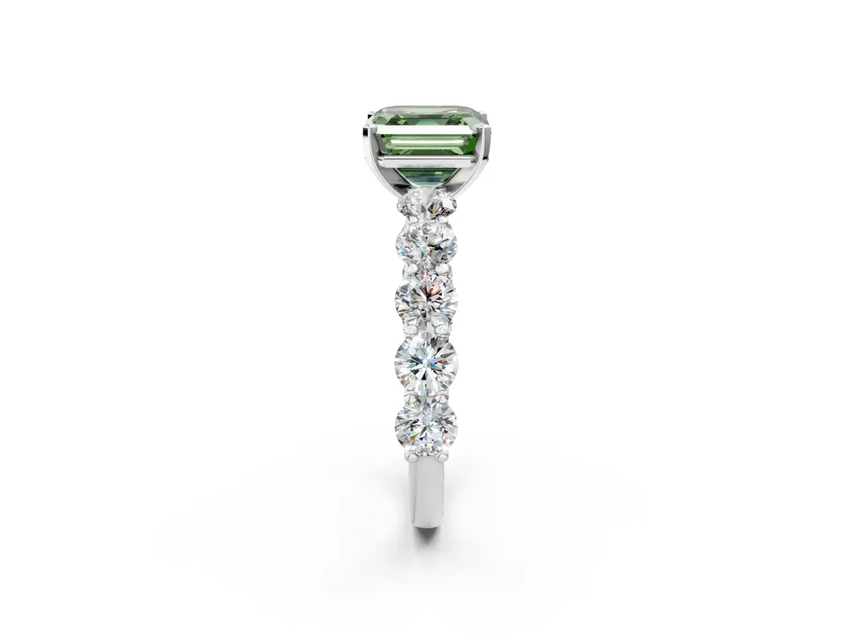 Fancy Green Asscher Cut Diamond Prong Setting with Side Stones on a Pave Band Platinum