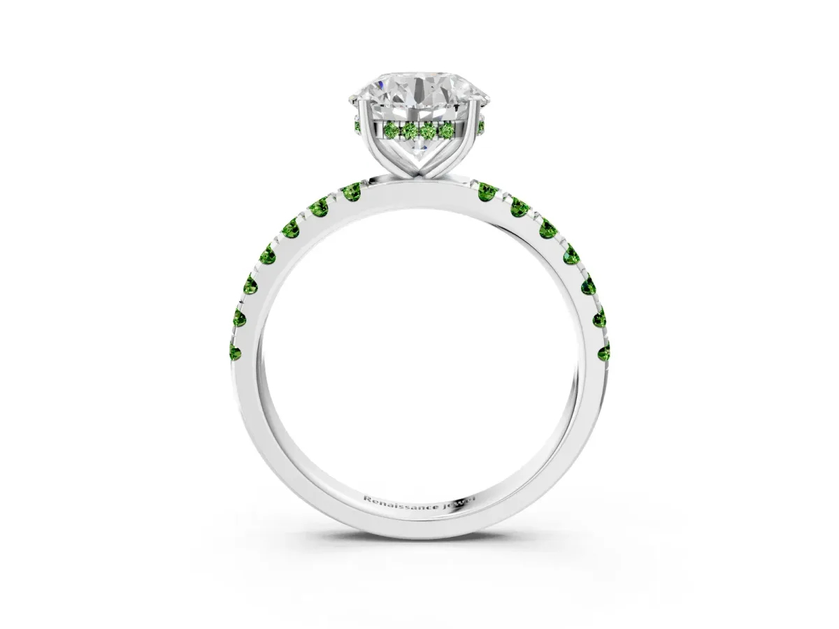 Round Cut Diamond Pave Band Solitaire Ring with Round Peridot and Prong Setting Silver