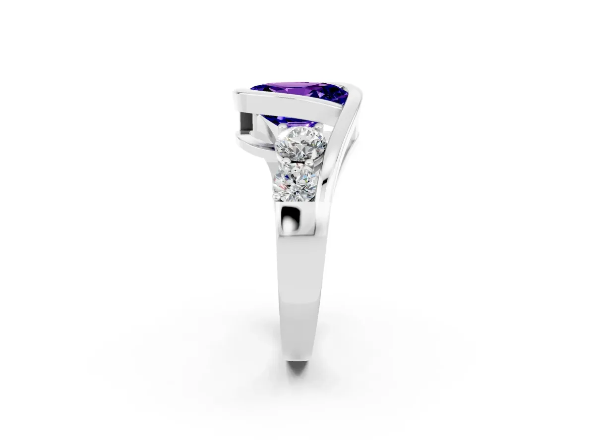 Bezel Set Oval Cut Tanzanite Bypass Ring with Round Accents Silver