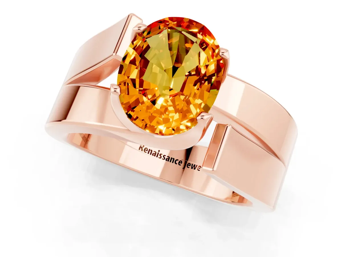 Modern Tension Set Oval Cut Citrine Solitaire Wide Band Ring Rose gold