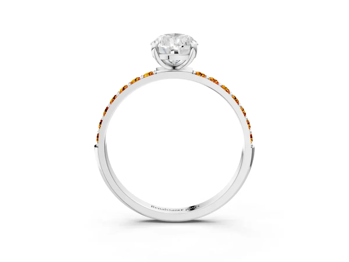 Pear Cut Diamond Solitaire Ring with Round Citrine Pavé Band and Prong Setting Silver