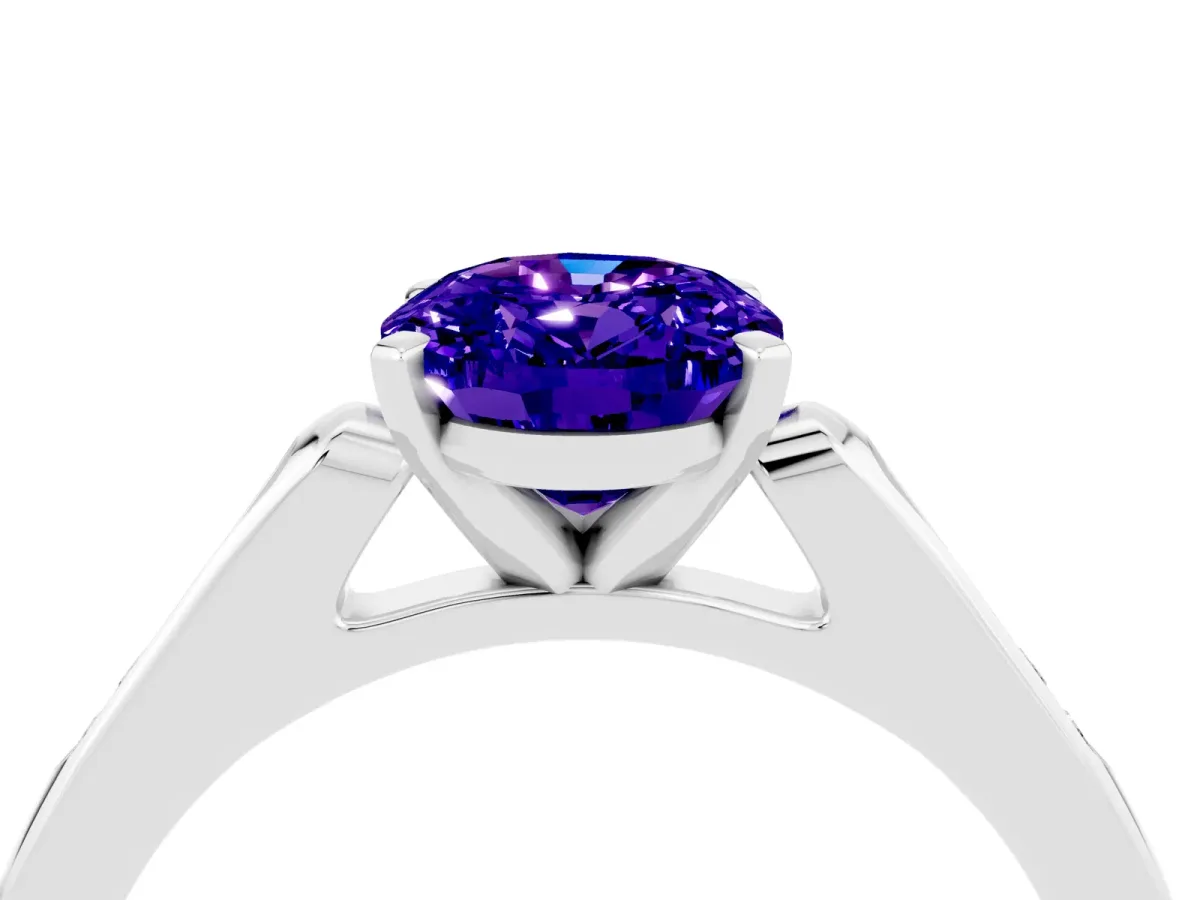 Oval Cut Tanzanite Solitaire Ring with Channel Set Round Band and Prong Setting Silver