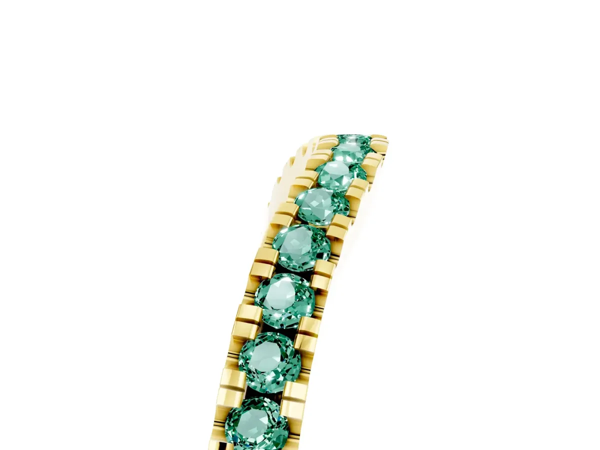 Round Green Sapphire Pavé Curved Band with Shared Prong Setting Yellow gold