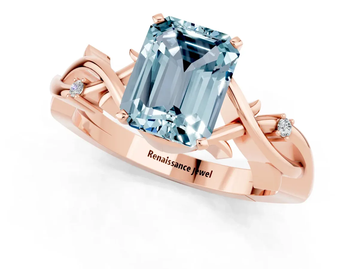 Emerald Cut Aquamarine Solitaire Ring with Twisted Band and Prong Setting Rose gold