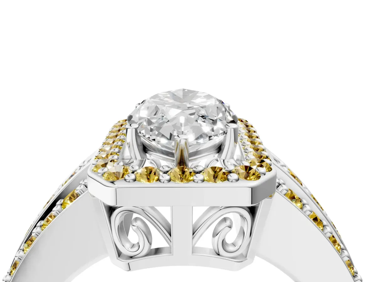 Marquise Cut Halo Diamond Ring with Round Yellow Sapphire Split Shank and Prong Setting Silver