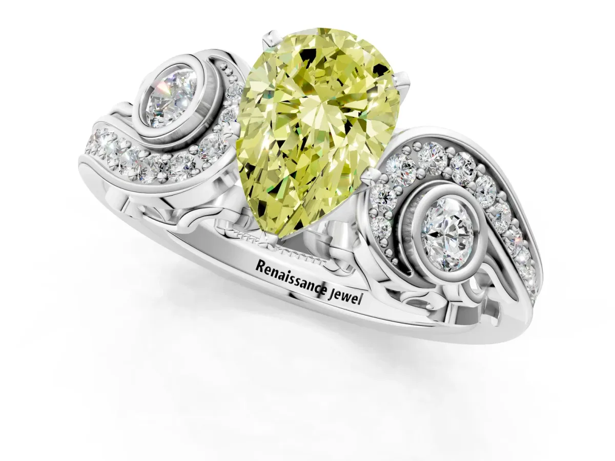 Fancy Yellow Pear Cut Diamond Solitaire Ring with Milgrain Pavé Band and Four-Prong Setting Silver