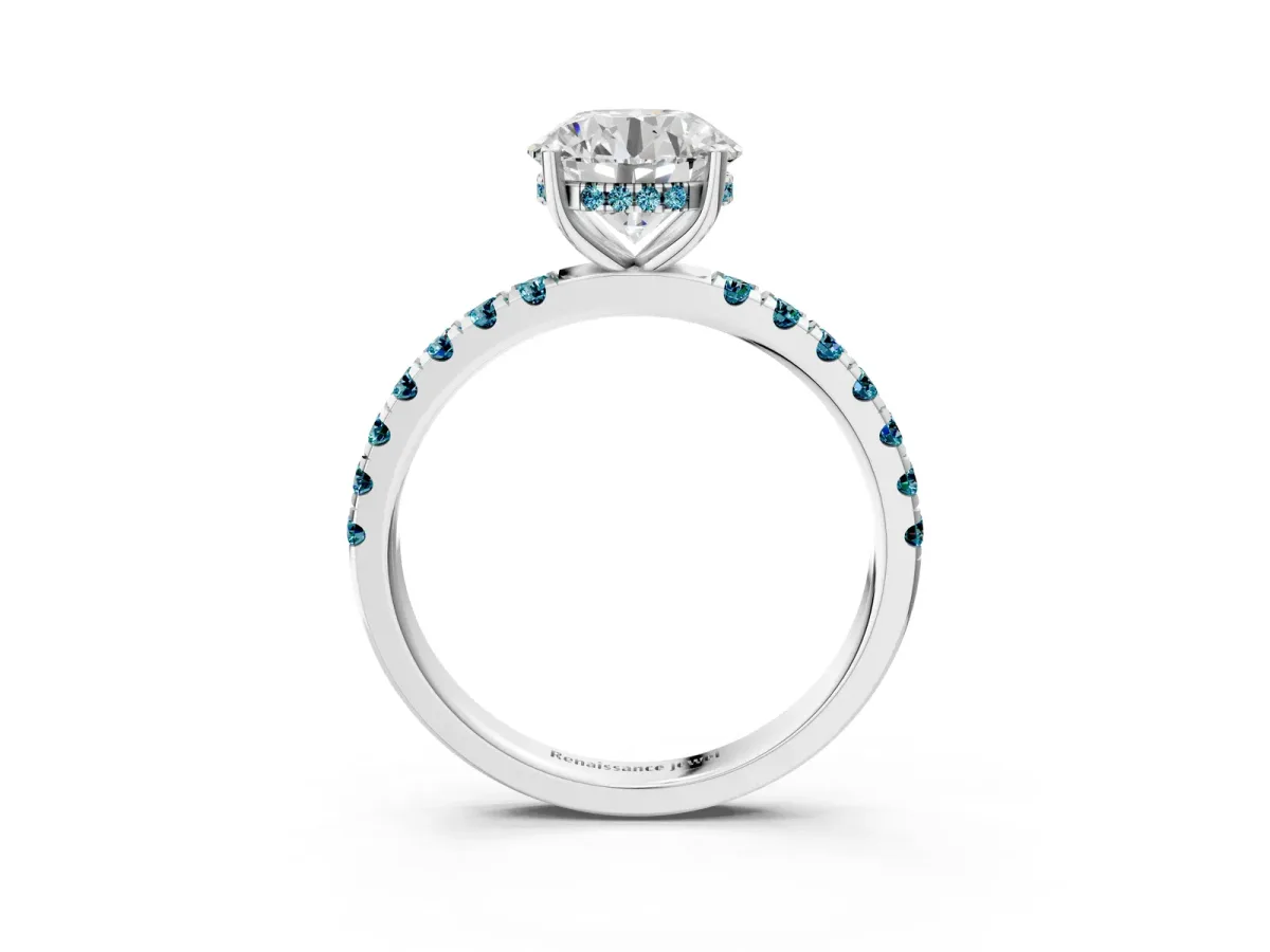 Round Cut Diamond Pave Band Solitaire Ring with Round Blue Topaz and Prong Setting Silver