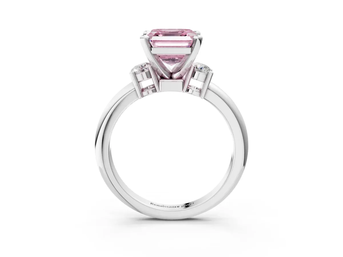 Fancy Pink Three-Stone Asscher Cut Cut Diamond Solitaire with Prong Setting and Classic Band Platinum