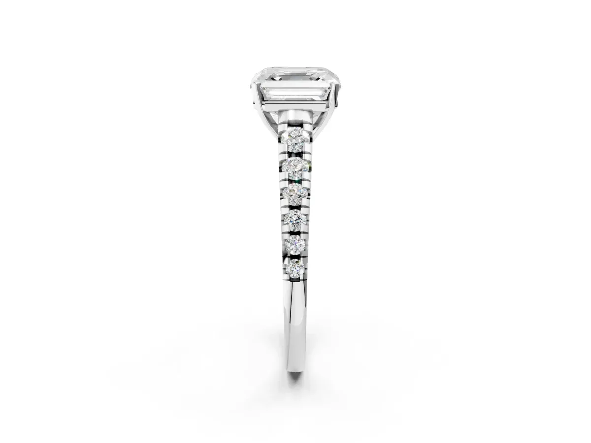 Asscher Cut Diamond Cathedral Solitaire Ring with Round Moissanite Pavé Band Silver