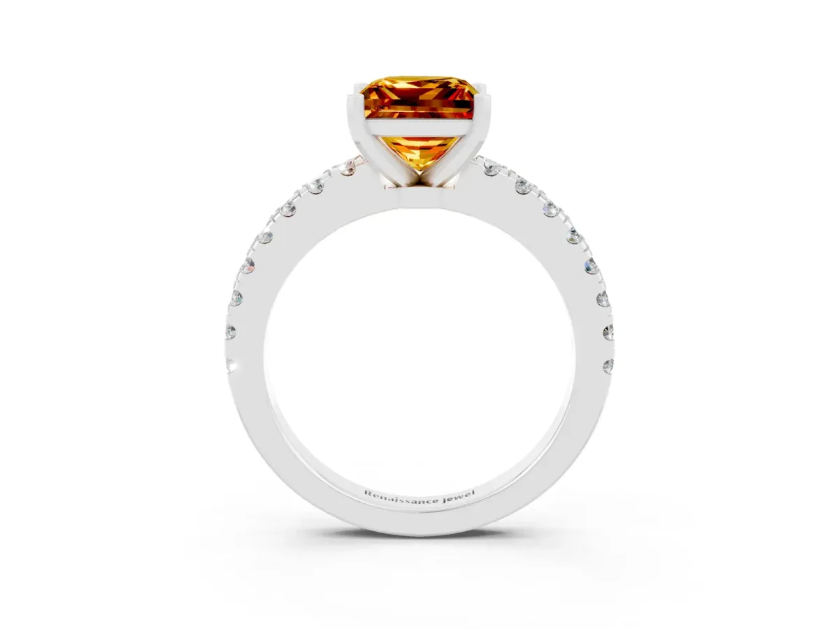 Princess Cut Solitaire Citrine with Pavé Band and Four-Prong Setting Silver