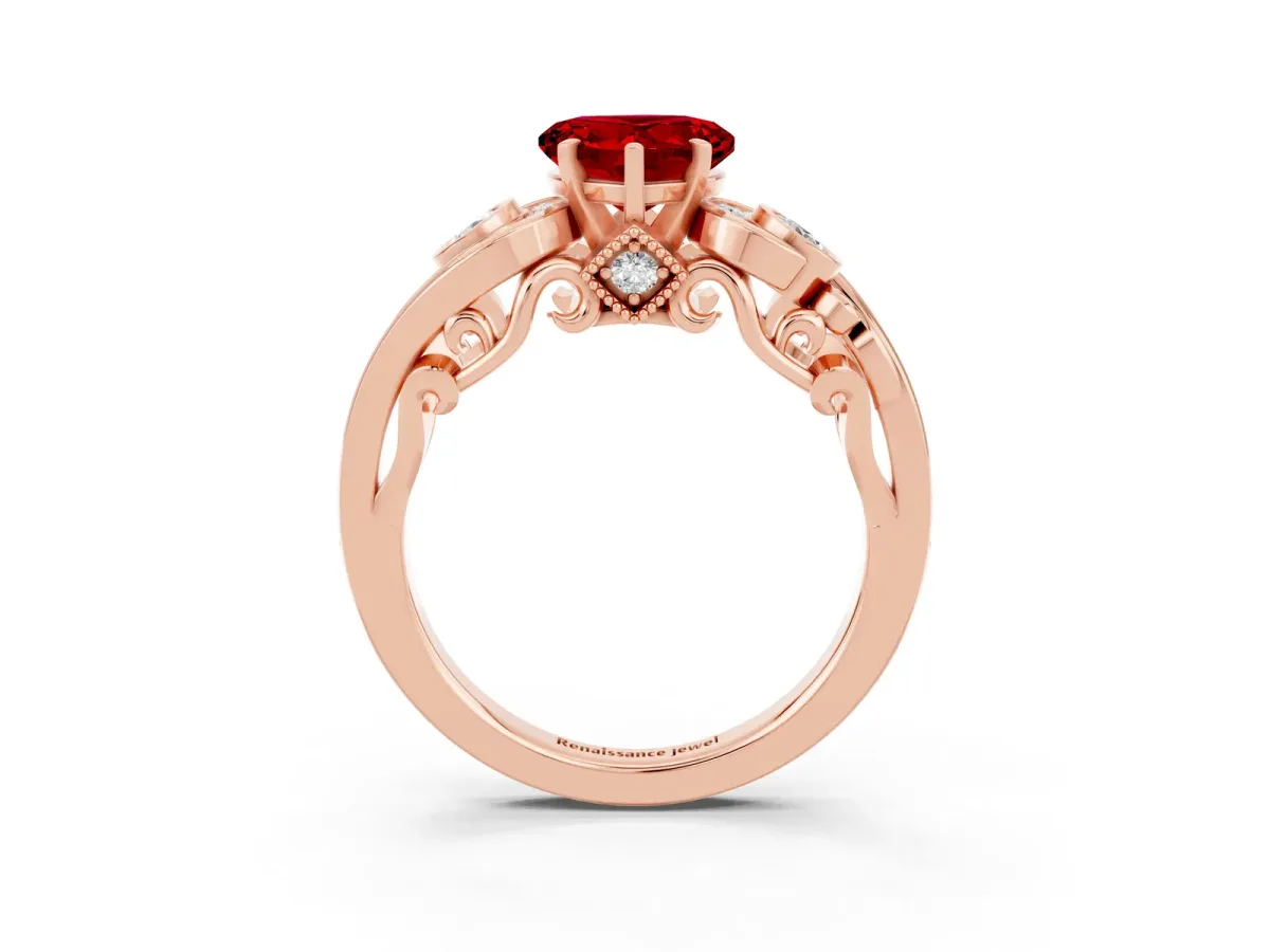 Heart Cut Ruby Solitaire Ring with Milgrain Pavé Band and Four-Prong Setting Rose gold