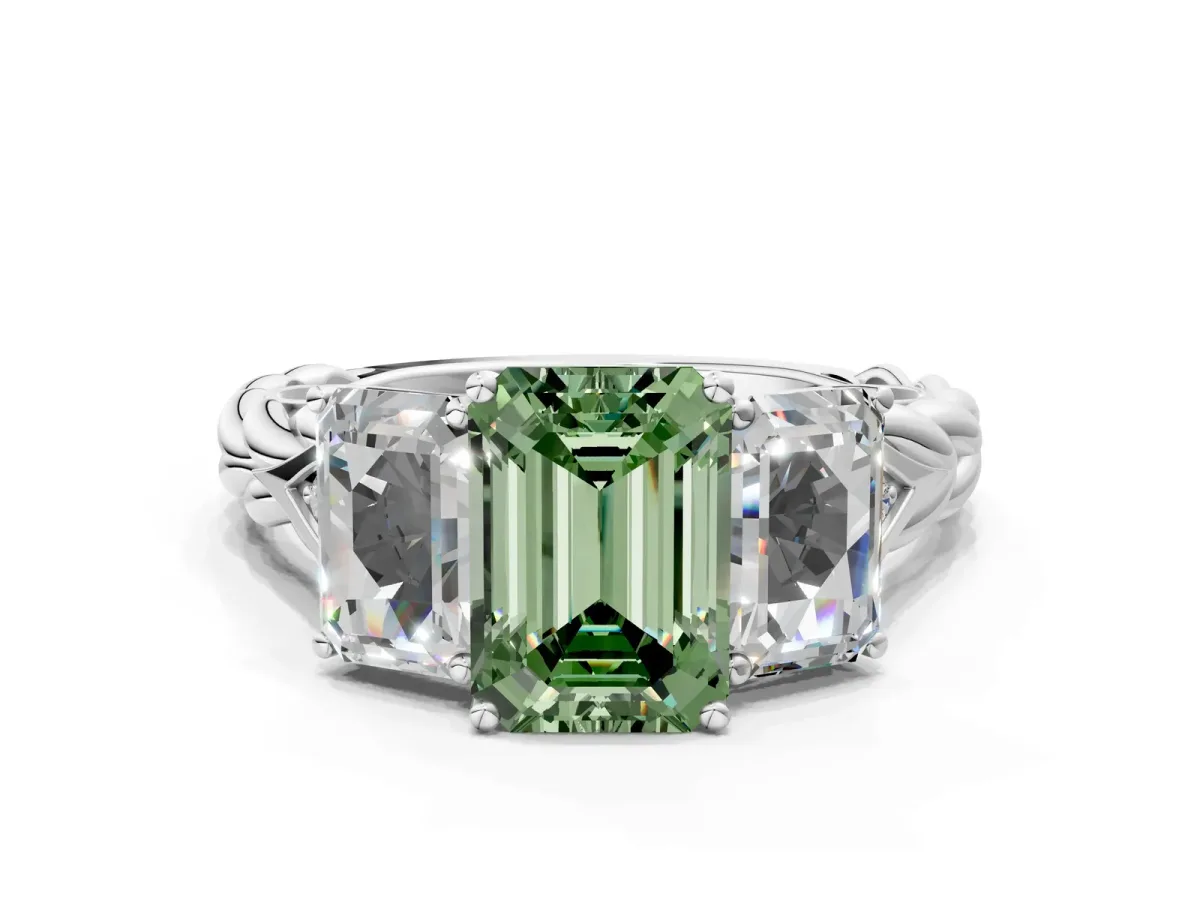 Fancy Green Three-Stone Emerald Cut Diamond Braided Band Ring with Four-Prong Setting Silver