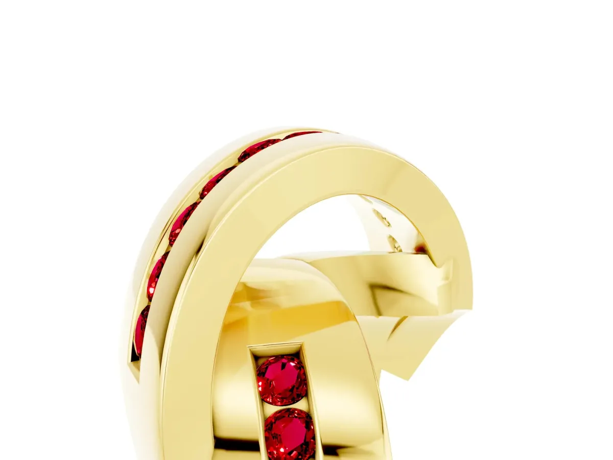 Pavé Round Ruby Crossover Band with Channel Setting Yellow gold