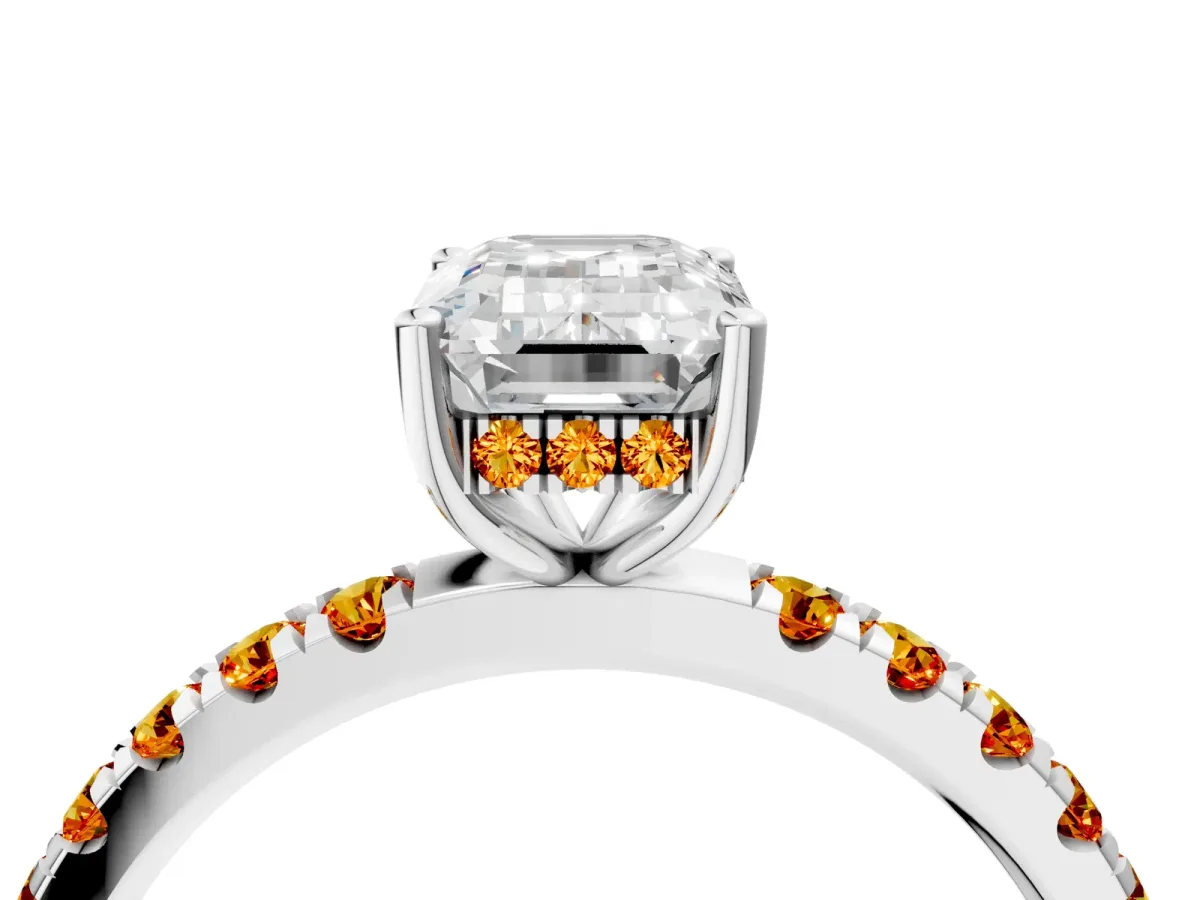Emerald Cut Diamond Pave Band Solitaire Ring with Round Citrine and Prong Setting Platinum