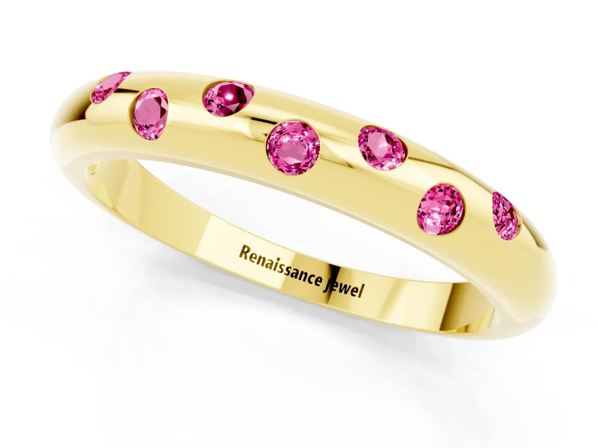 Round Pink Sapphire Flush-Set Comfort Fit Band Yellow gold