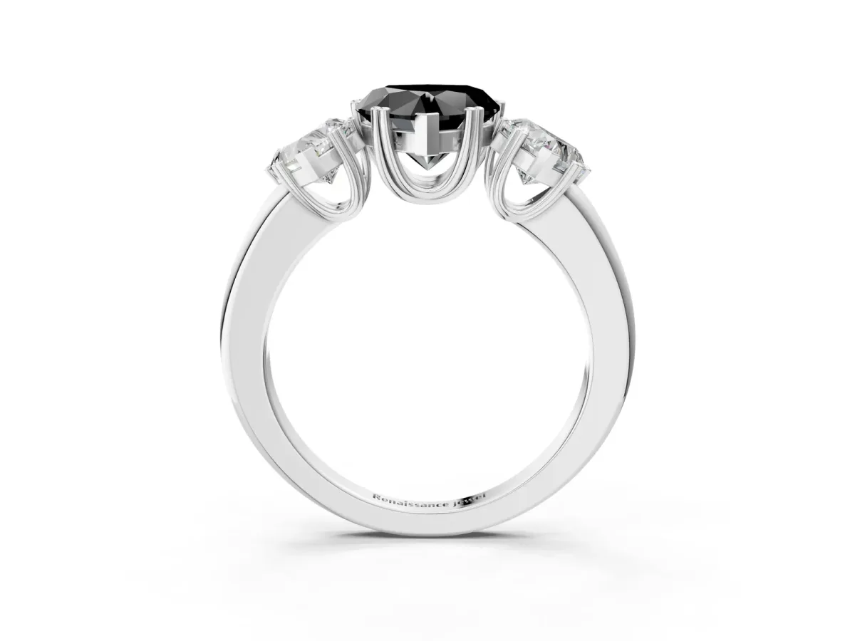 Fancy Black Three-Stone Heart Cut Cut Diamond Ring with Channel Set Band and Four-Prong Setting Silver