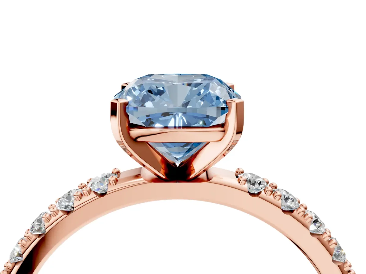 Fancy Blue Cushion Cut Diamond Solitaire Pavé Band with Four-Prong Setting Rose gold